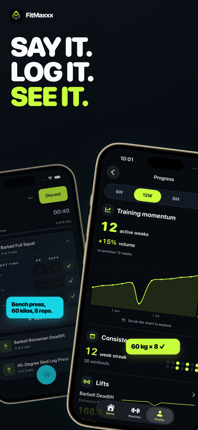 FitMaxx App Store artwork showing voice logging and progress screens