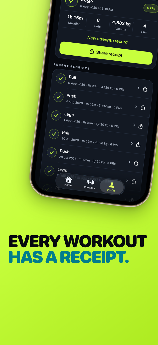 FitMaxx App Store artwork showing a completed workout receipt
