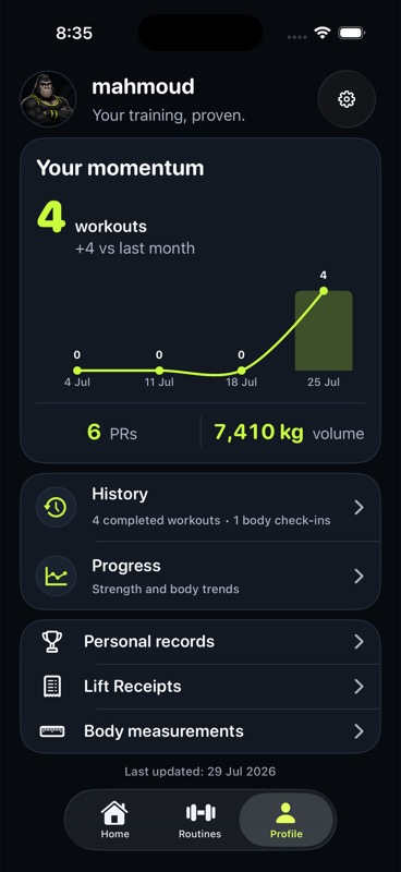 FitMaxx profile showing workout momentum, personal records, and evidence destinations