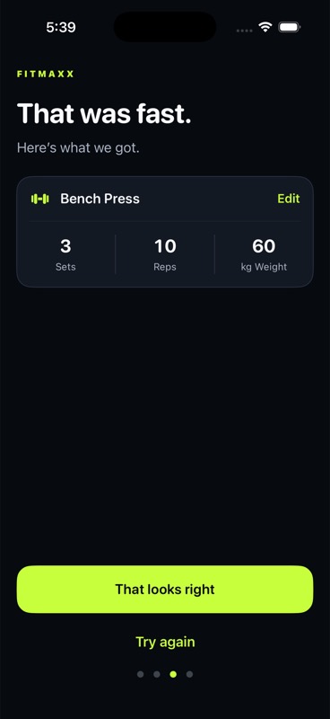 FitMaxx voice logging review showing a parsed bench press workout